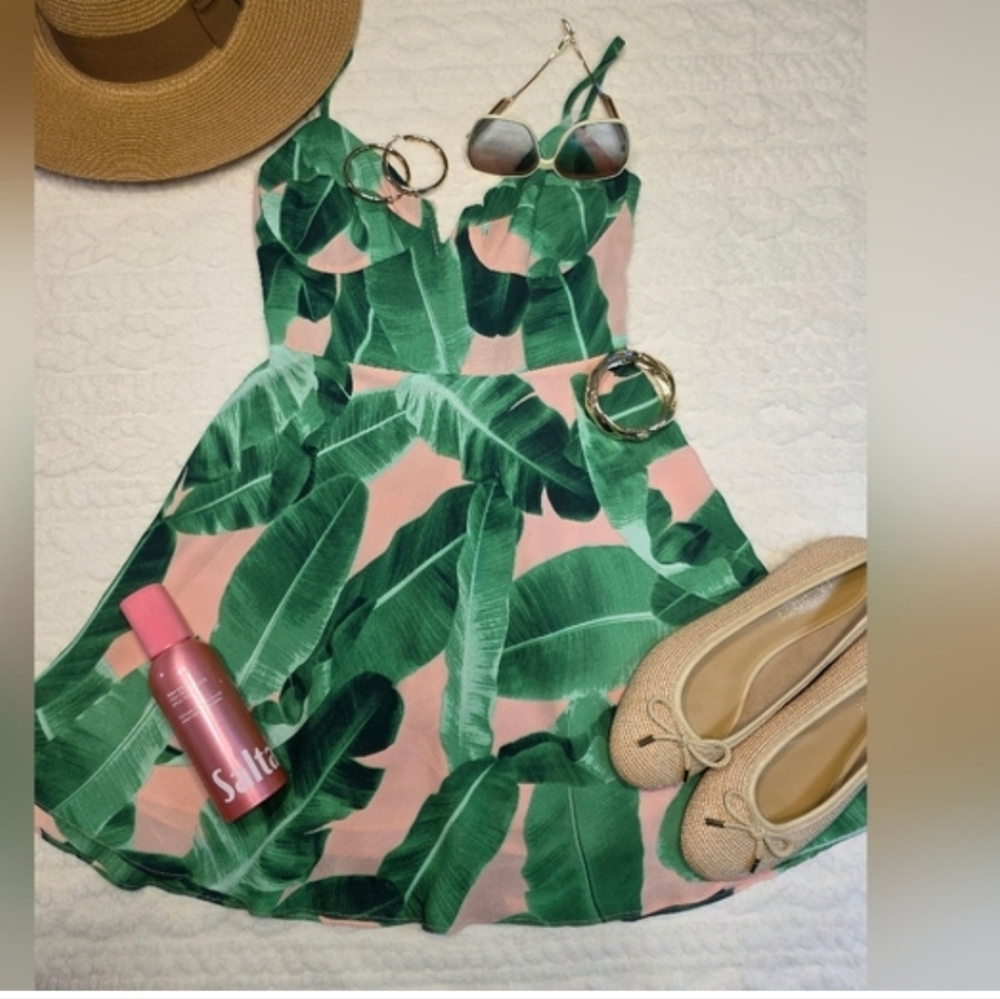 Buddy Love Banana Leaf Print Mini Dress • Pink & Green Tropical Vacation Dress